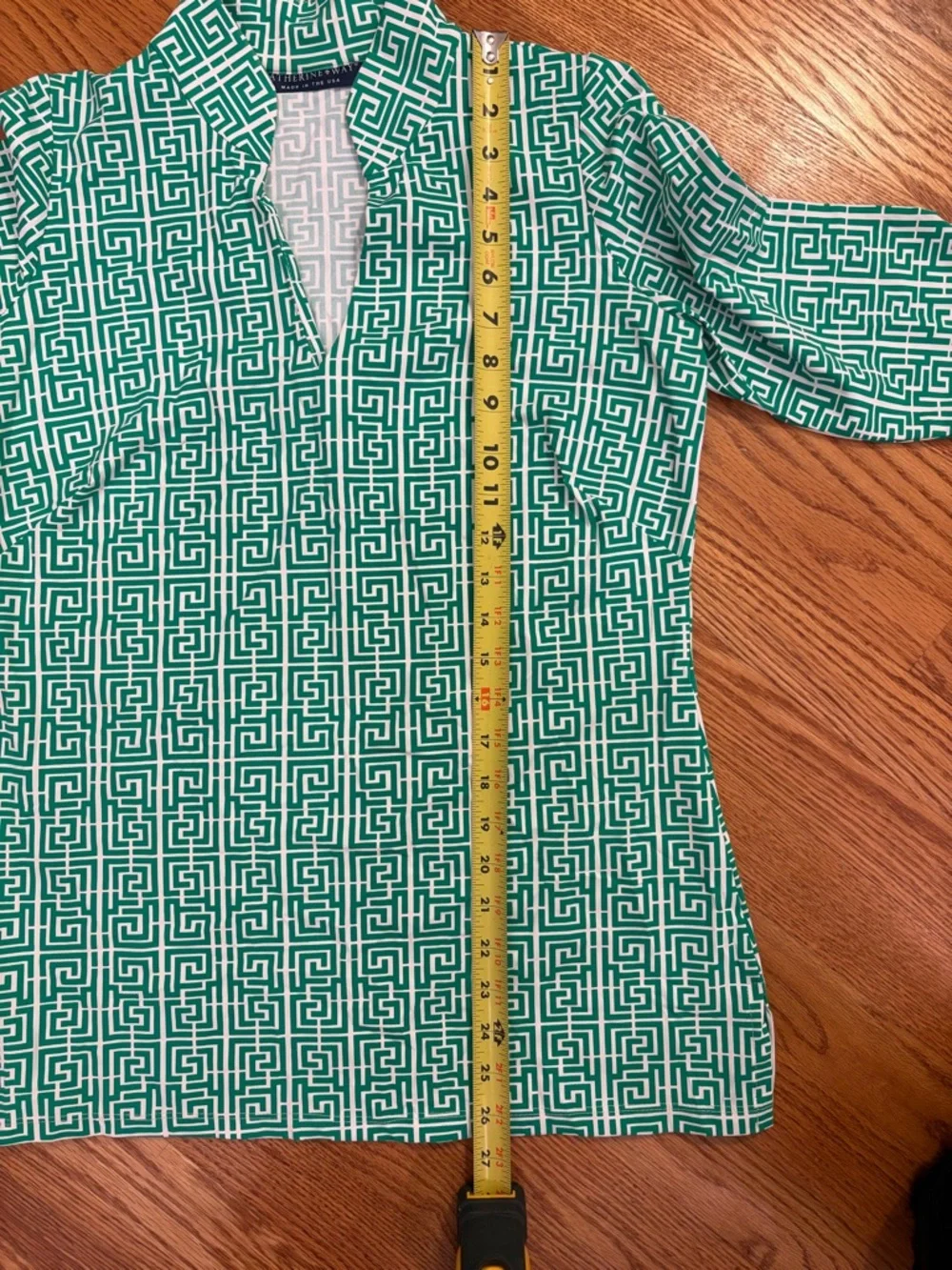 Katherine Way Green and white Greek Key Geometric Print 3/4 sleeve - Picture 4 of 7